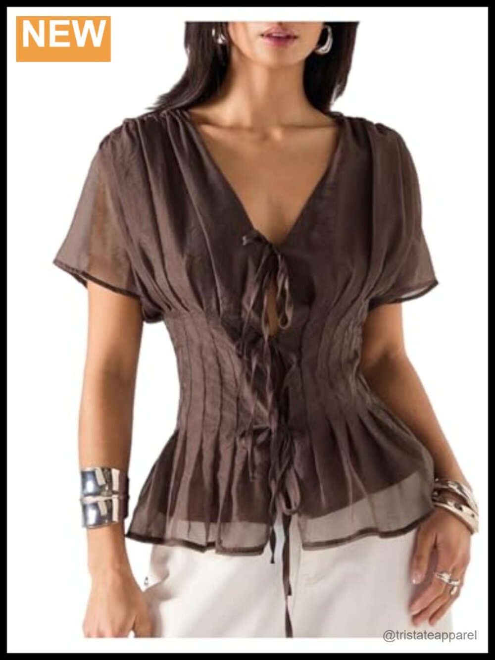 Ruffled V-Neck Tie Front Short Sleeve Peplum Blouse Top Women's Dressy Mesh